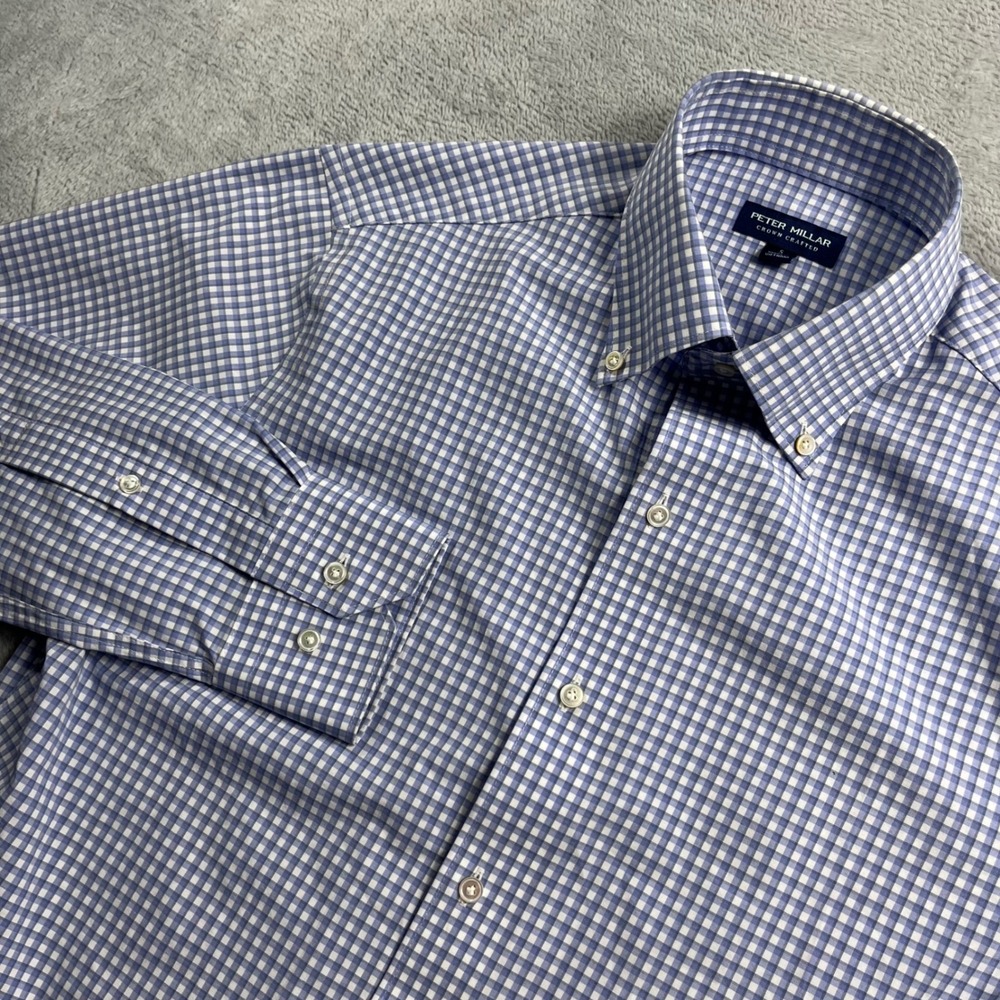 Peter Millar Crown Crafted Mens Blue Gingham Check Button Down Shirt Small
